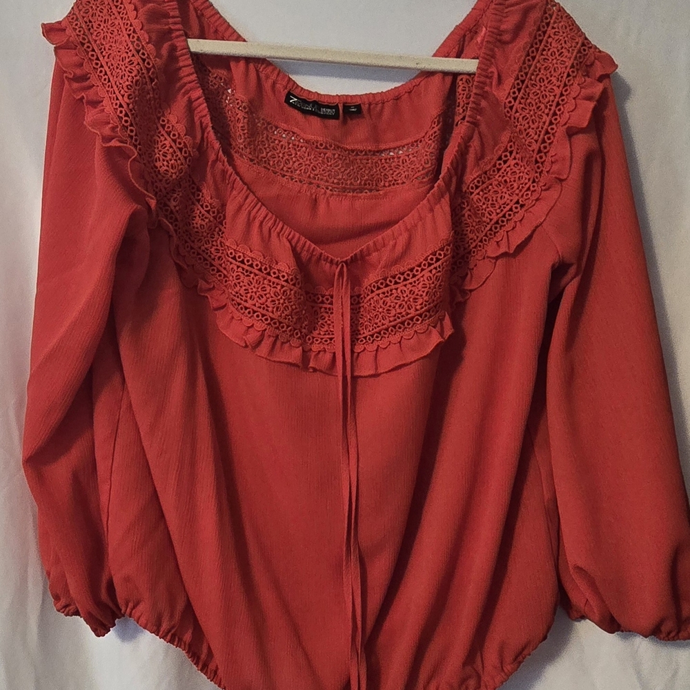 New York & Company Red Ruffled Puff Sleeve Blouse